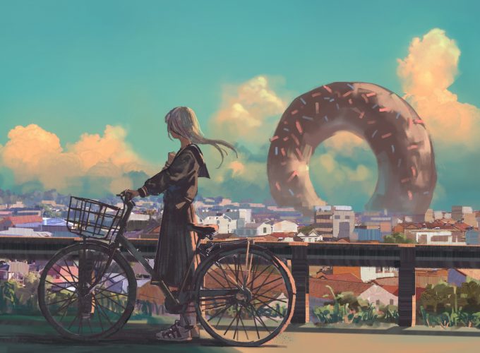 Wallpaper girl, bicycle, city, 4K, Art 4013715535